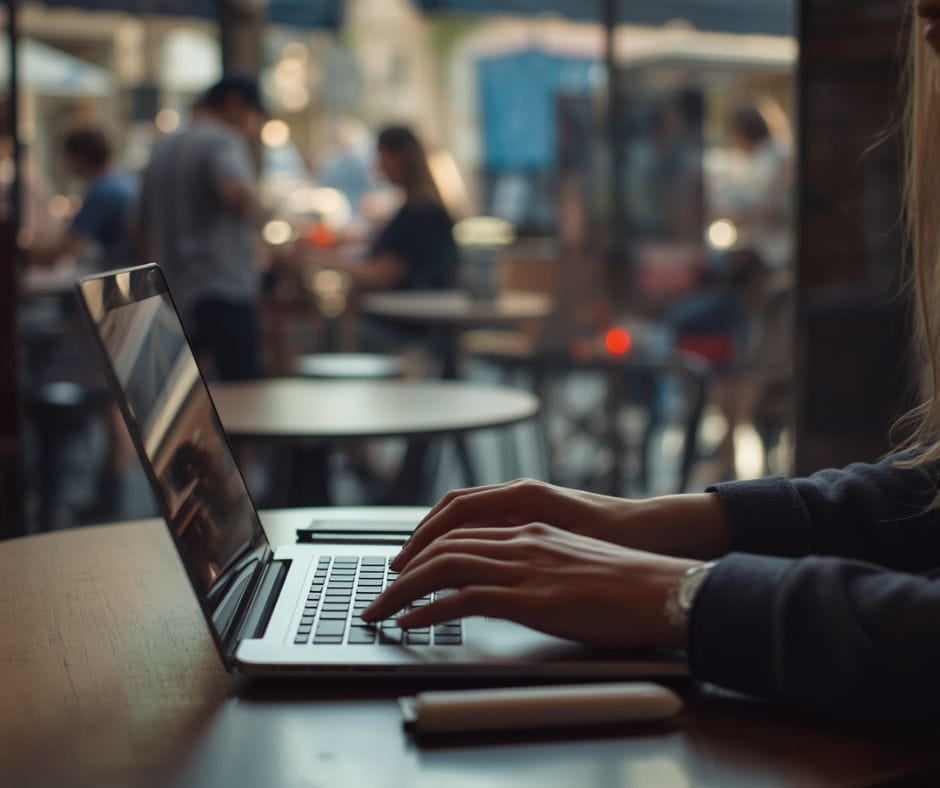 AI image of hands at a laptop in a coffee shop.