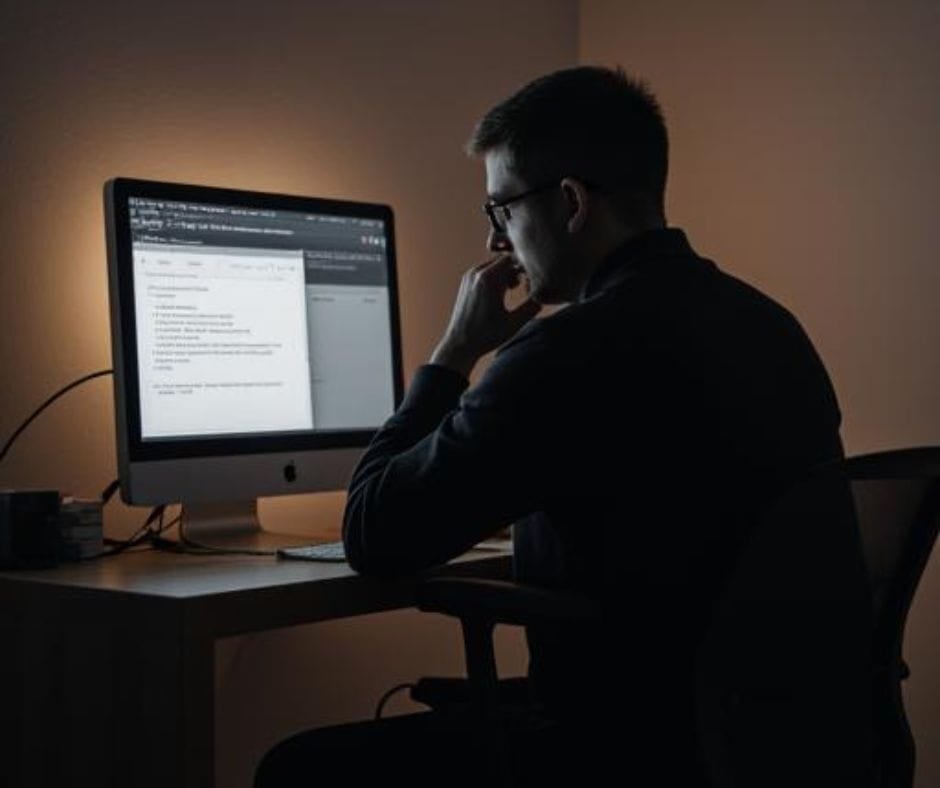 Online Divorce - Man AI image of a man getting an online divorce staring at a computer screen.