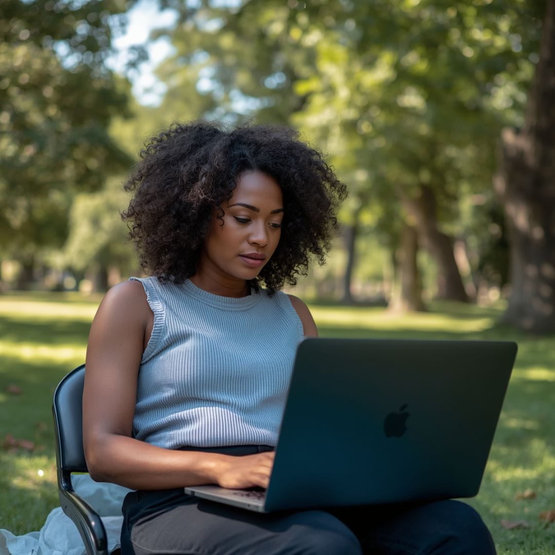 Online Divorce AI image of African American woman on a laptop getting an online divorce.