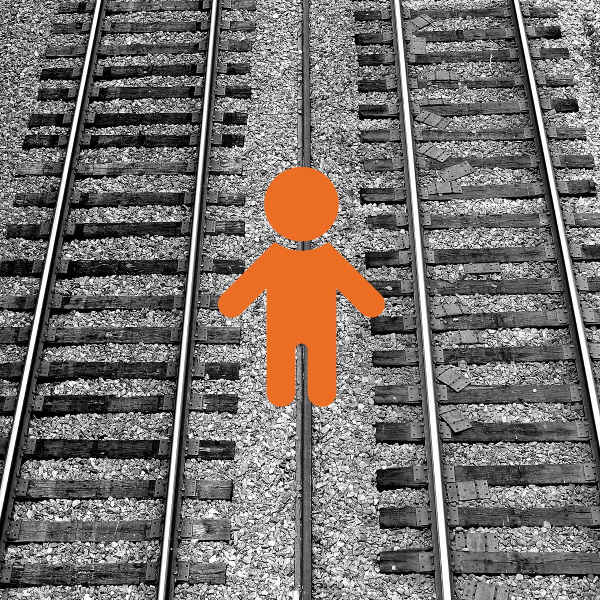 Image of a child between two parallel railroad tracks.