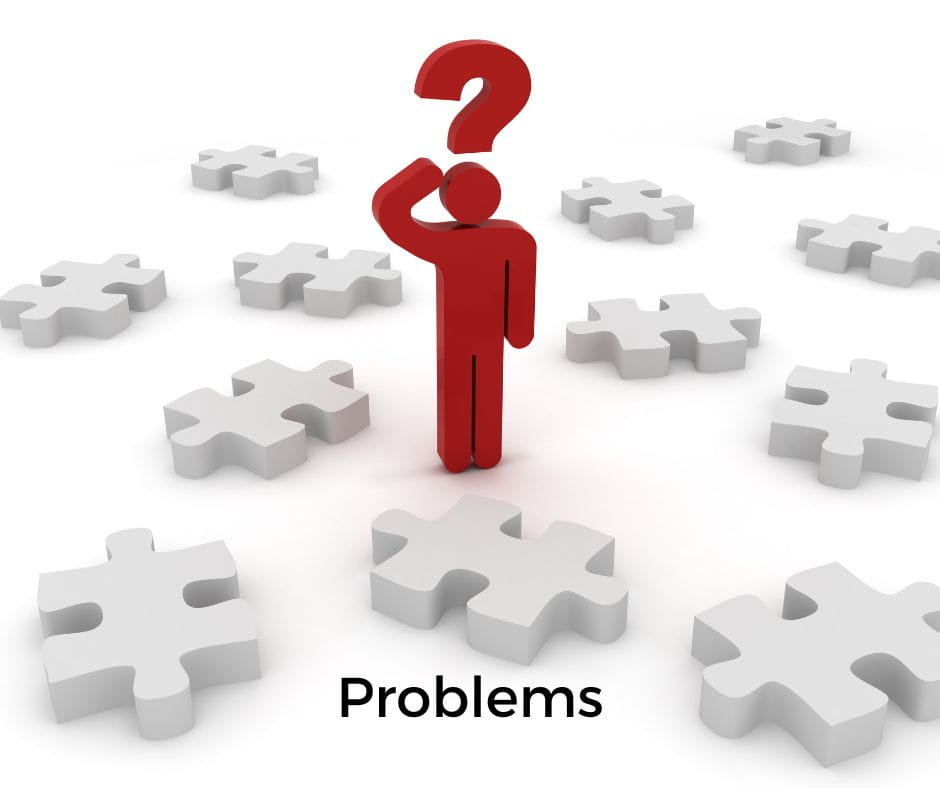 Cut out figure of a red man with a question mark over his head. Puzzle piece and the word "Problems" surround him.