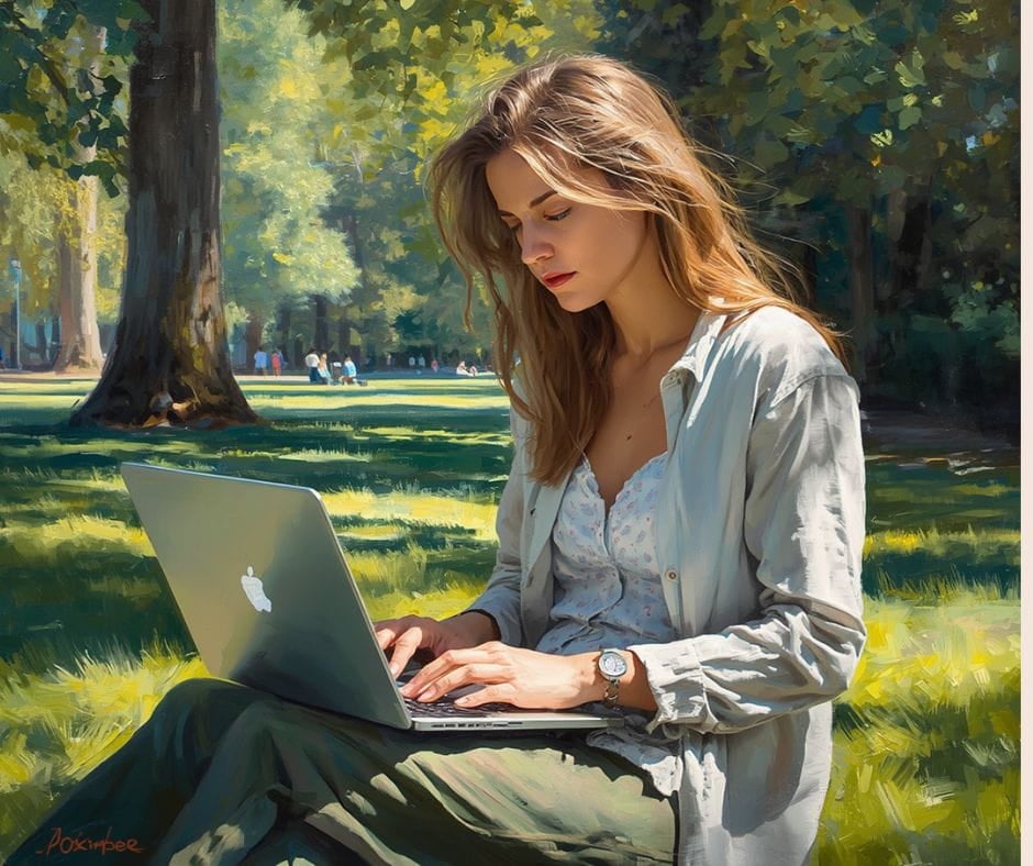 Research Your options AI image of beautiful young woman on a laptop in the park researching options.