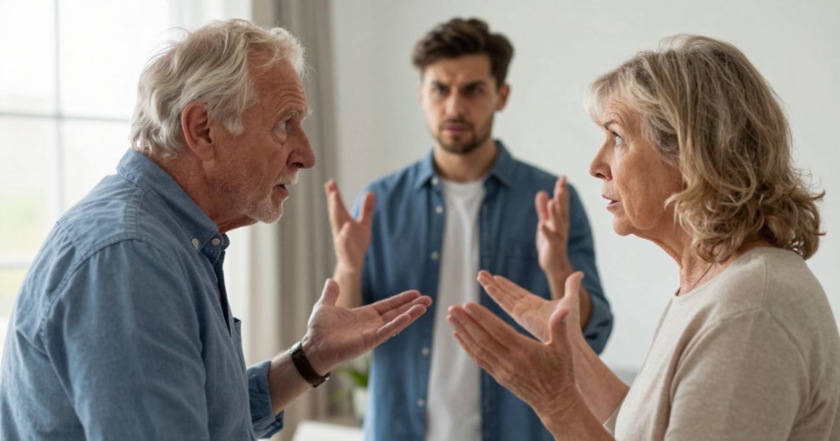 Senior Divorce affects Adult Children AI image of a senior husband and wife arguing while their adult son is trying to mediate