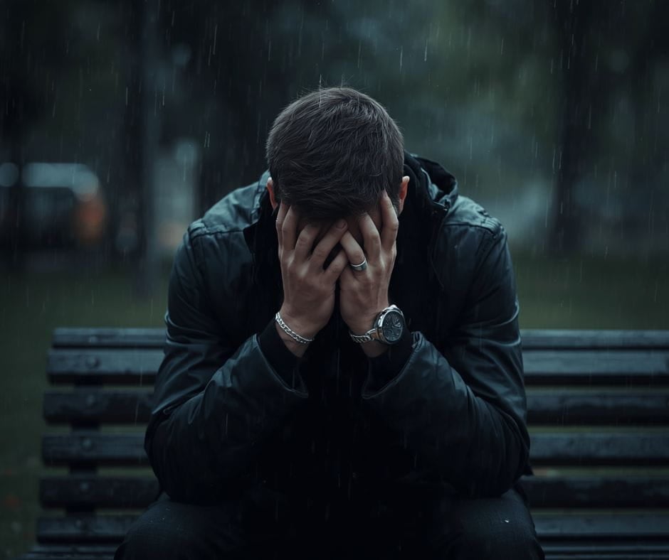 AI image of a man holiding his face in his hands sitting on a park bench in the rain. Shame.