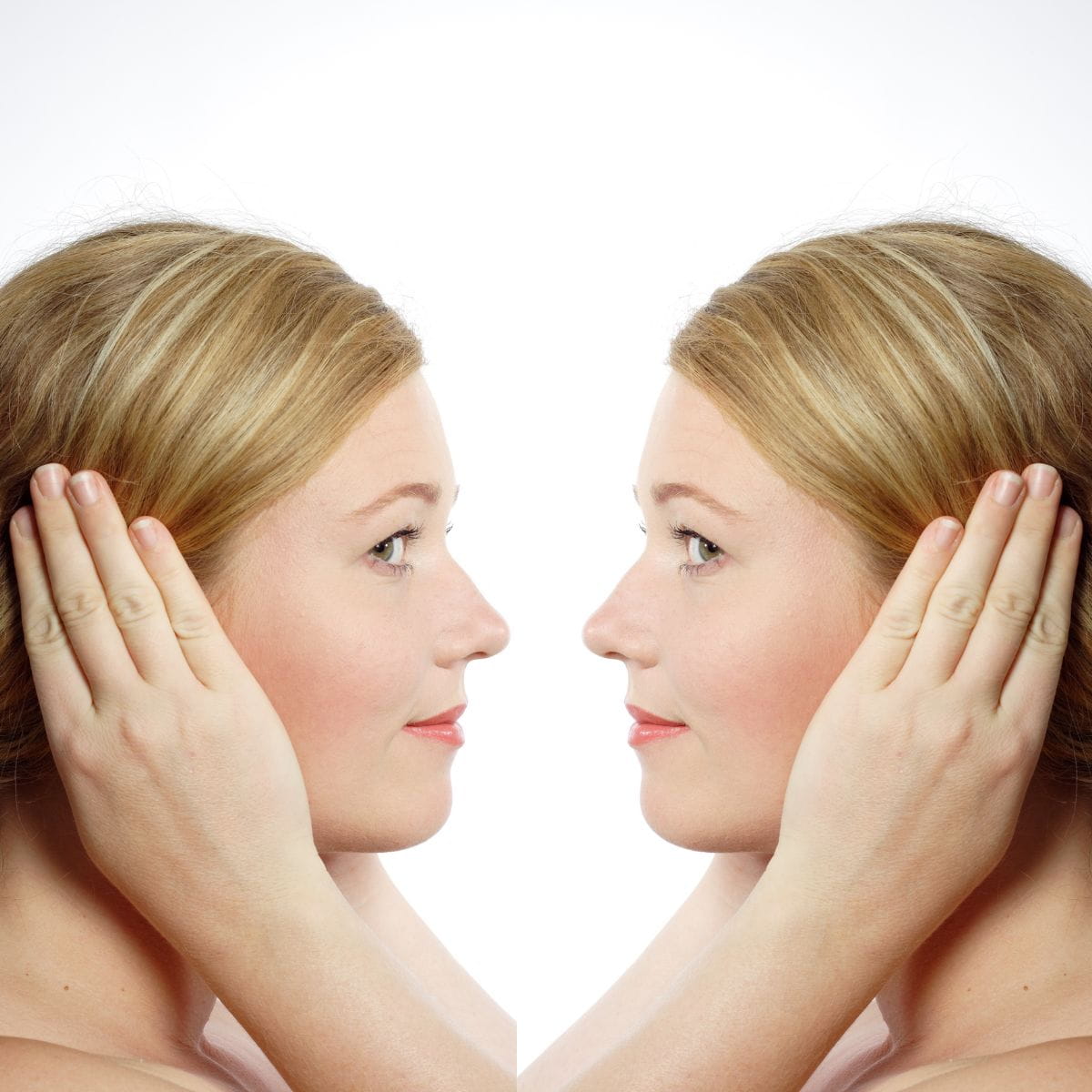 Mirror images of a pretty woman with her hands over her ears.