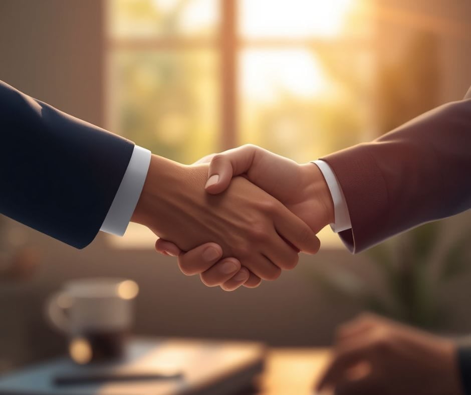 Business man and woman shaking hands. Successful divorce mediation.