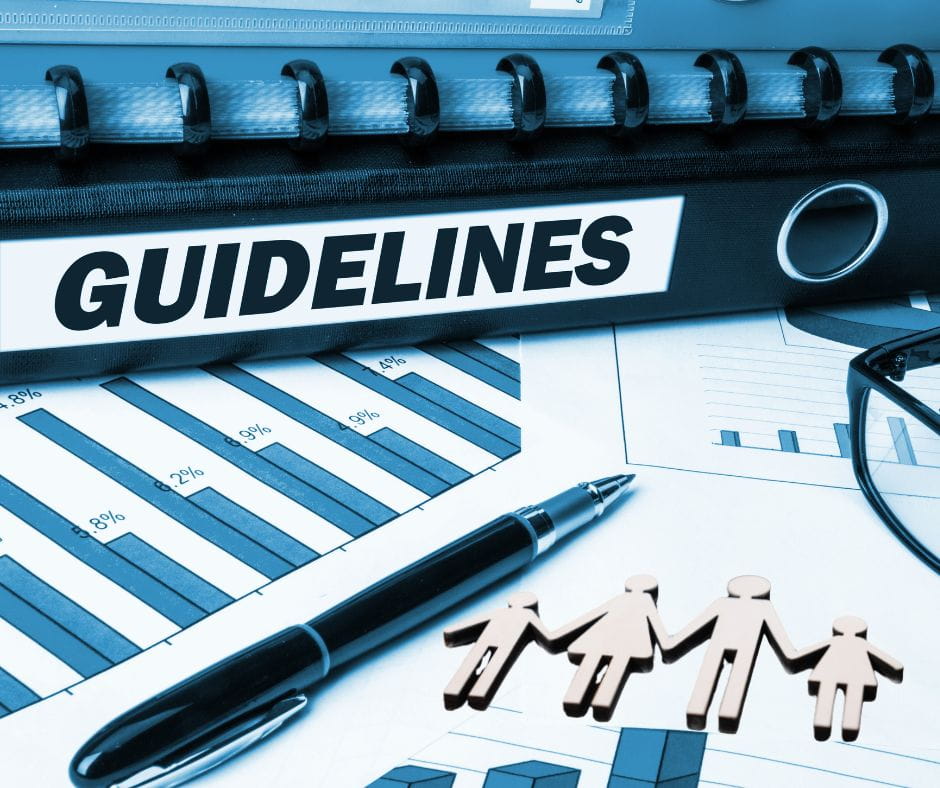 Support Guidelines Spiral bound book with the word "Guidelines" on the spine. Picture of a cut out family at the bottom. Support Guidelines.