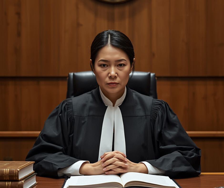 Tell it to the Judge AI Image of femail Asian judge sitting at the bench in a courtroom looking stern.