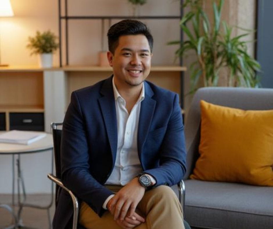 AI image of a confident Asian man in his 30s looking at the camera.