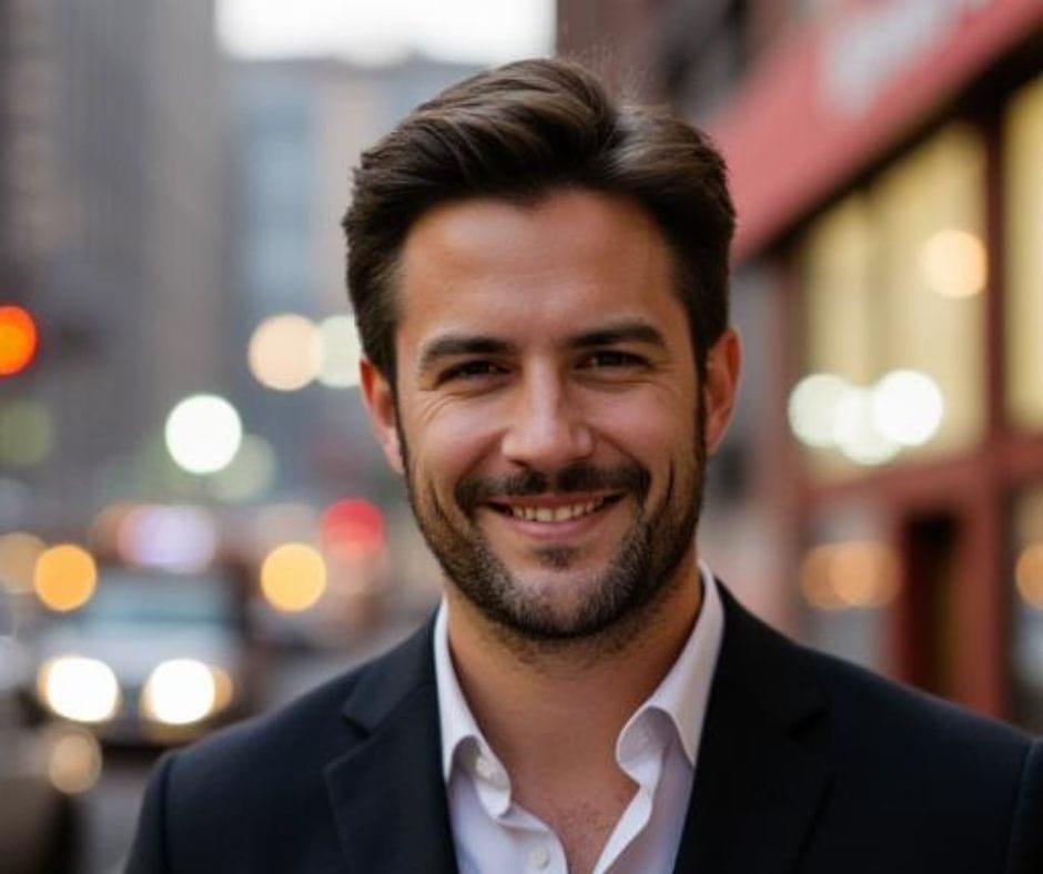AI image of a handwome young professional man on a city street smiling at the camera.
