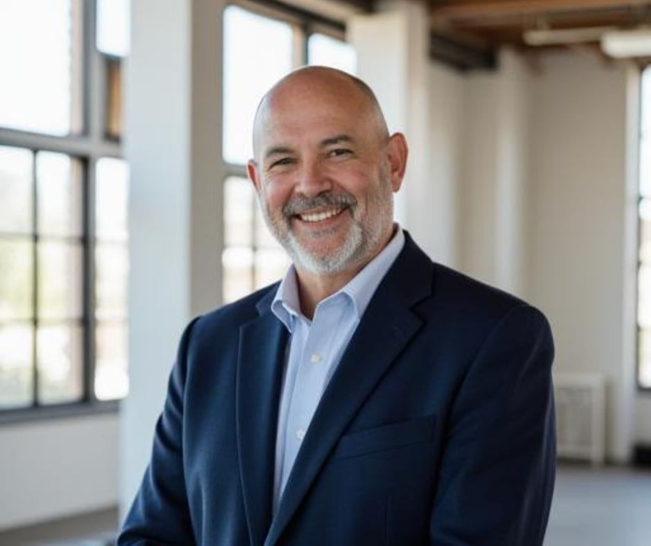 Testimonial Man 3 AI image of a confident older bald executive man looking at camera.
