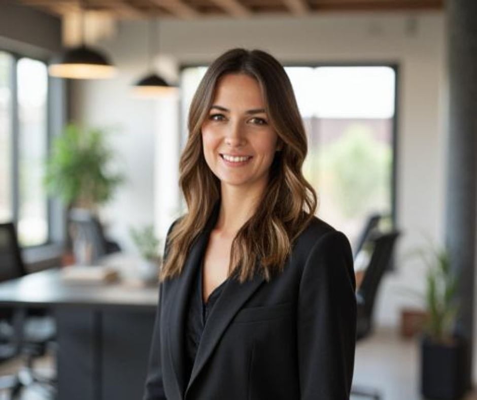 Testimonial Woman 10 AI image of a beautiful young professional woman in an office looking at the camera.