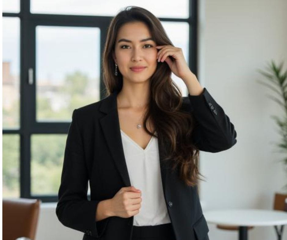 AI image of a confident young business woman looking at the camera.