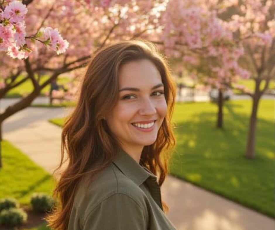 AI image of a confident pretty young woman in a park.
