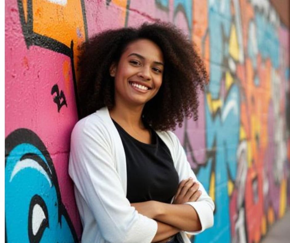 Testimonial Woman 6 AI image of a confident young African-American woman leaning on a graffiti wall on a city street looking at the camera.