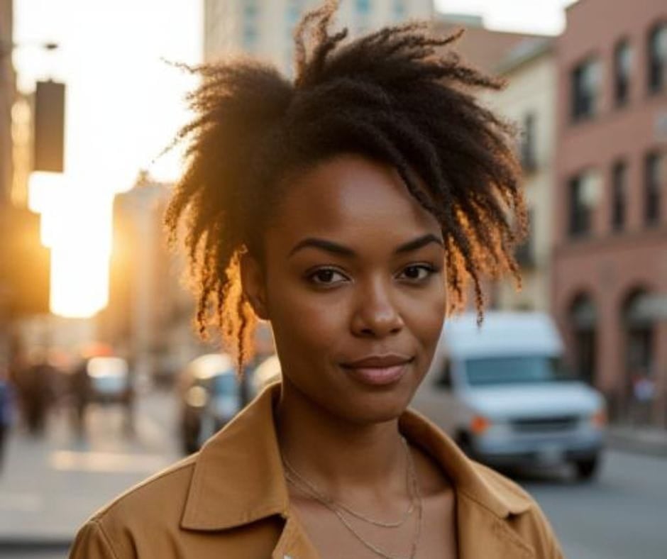 Testimonial Woman 9 AI image of a confident young African-American woman on a city street looking at the camera.