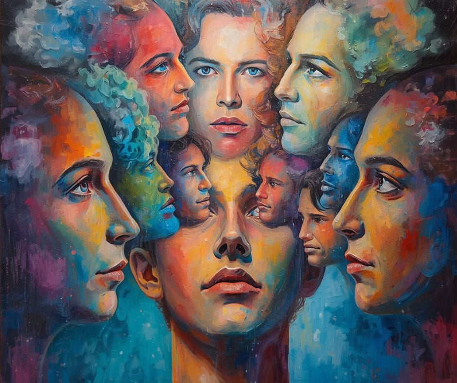 The Conversation in Your Head AI image of lots of colorful faces over one person's head. The conversations in your head.