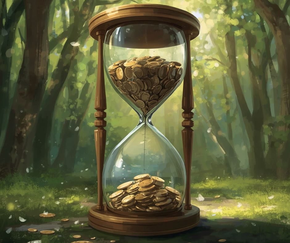 AI image of the sands of time clock running with coins. Concept of time is money.
