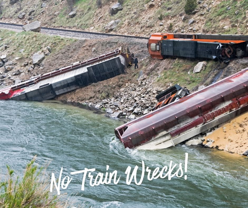 Train Wreck Divorce 3 derailed train cars that went off the tracks and ended in the ocean. Caption says: No Train Wrecks!