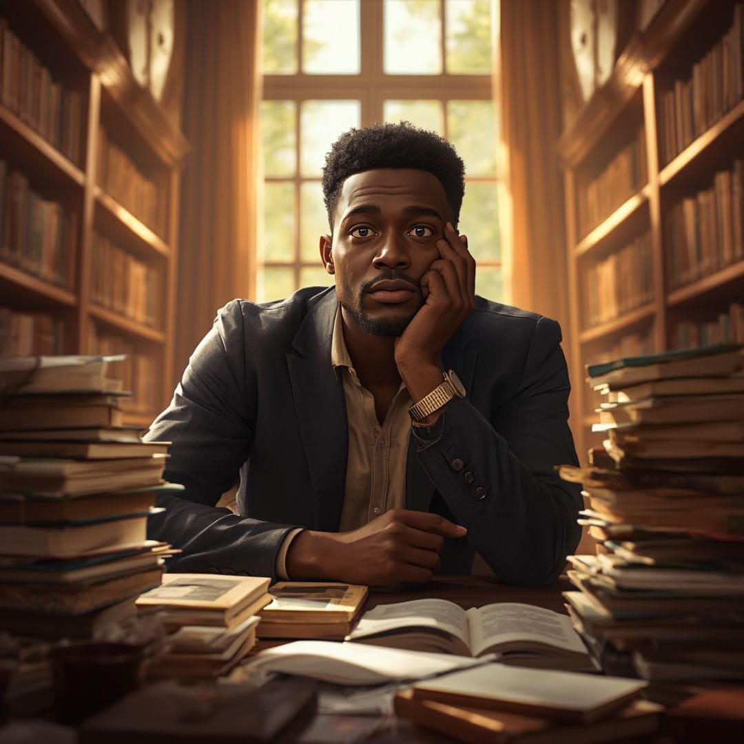 Understand Your Choices AI Image of an African American man in a library trying to understand his choices.