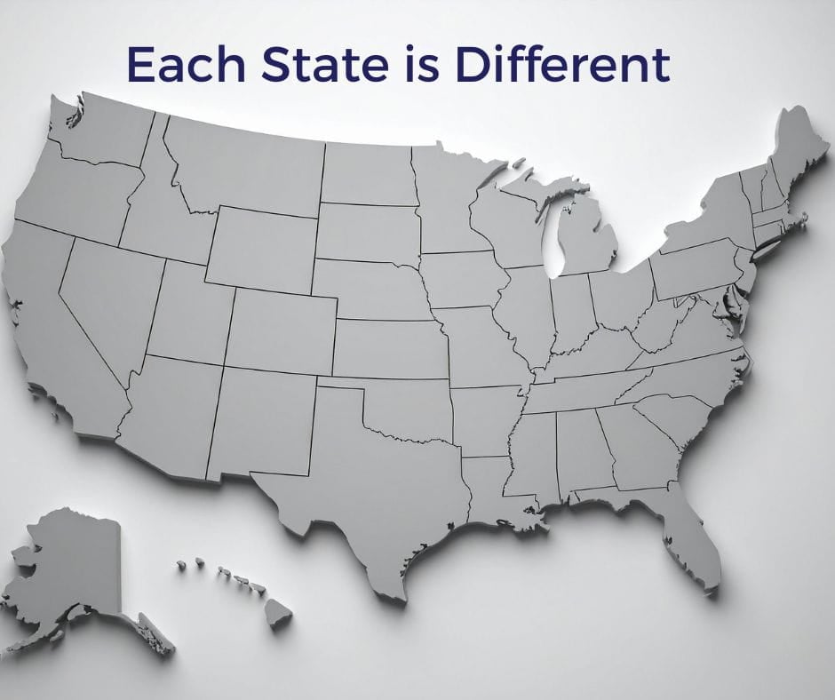 Black and white map of United States with Caption: Each State is Different.