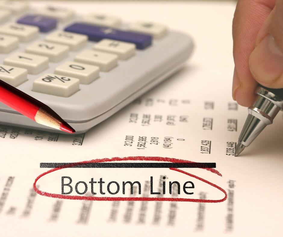 Bottom line circled in red at the bottom of a page of accounting calculations.