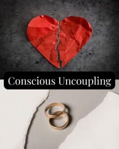 a broken paper heart and two wedding rings in the middle of a split piece of paper. the words "conscious uncoupling" are superimposed on the two images