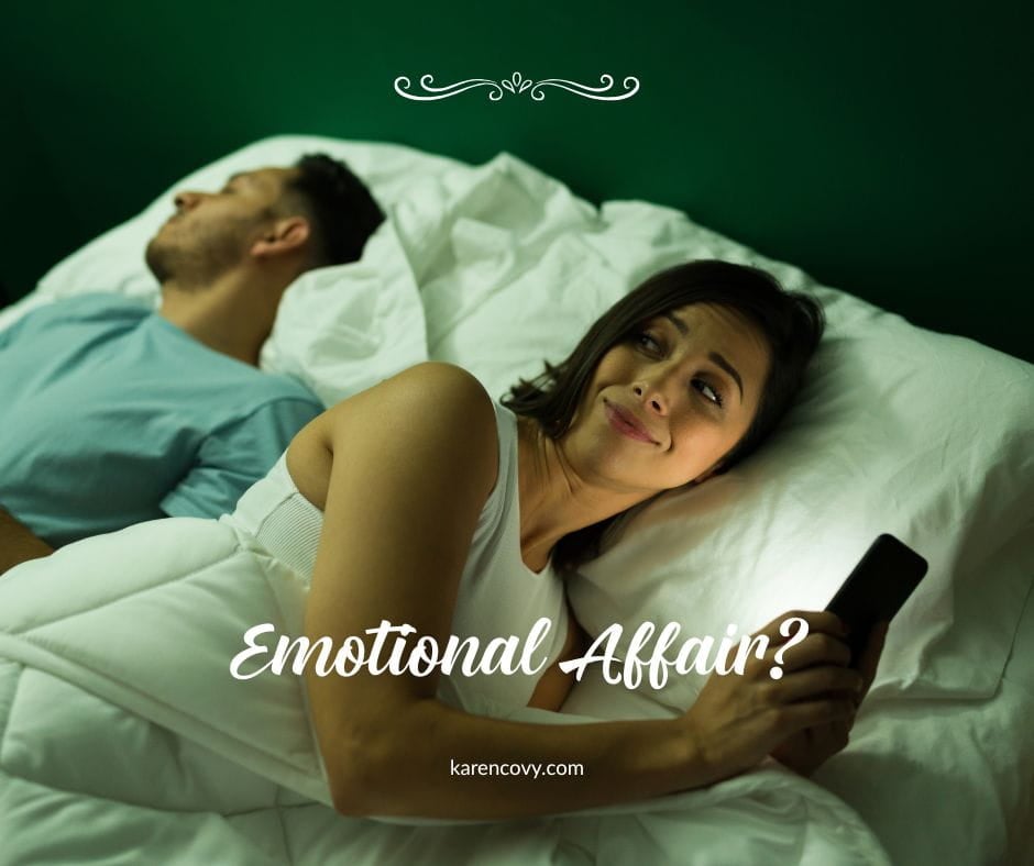 Woman scrolling her phone in bed while her husband sleeps. Cheating Spouse.