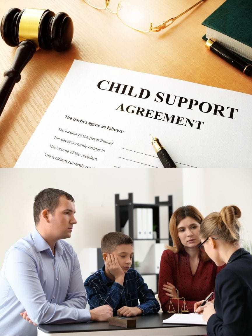 A man and woman with their child sitting with a lawyer. A child support agreement is on the table