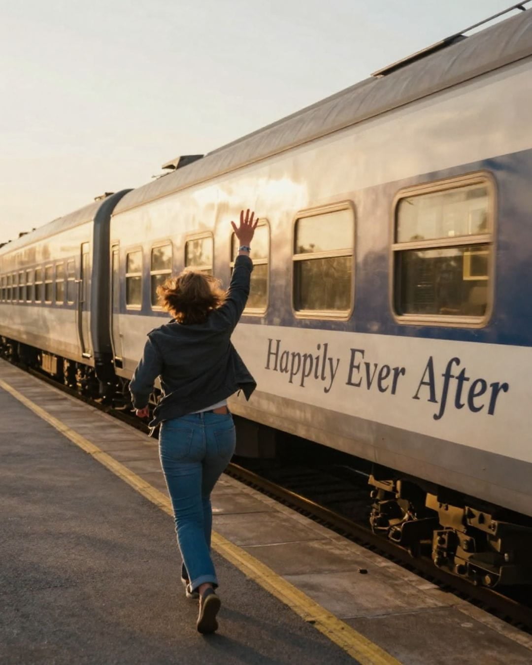 AI image of a woman chasing after a train, the train has the words "Happily Ever After" printed on its side