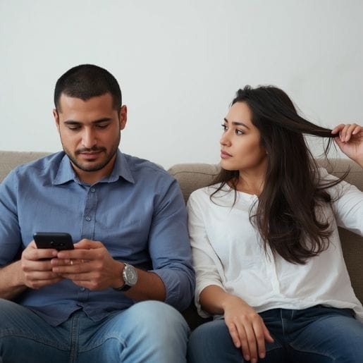 AI image of a man sitting on a couch, occupied on his phone. The woman beside him is twirling her hair and looking at him a bit disappointed