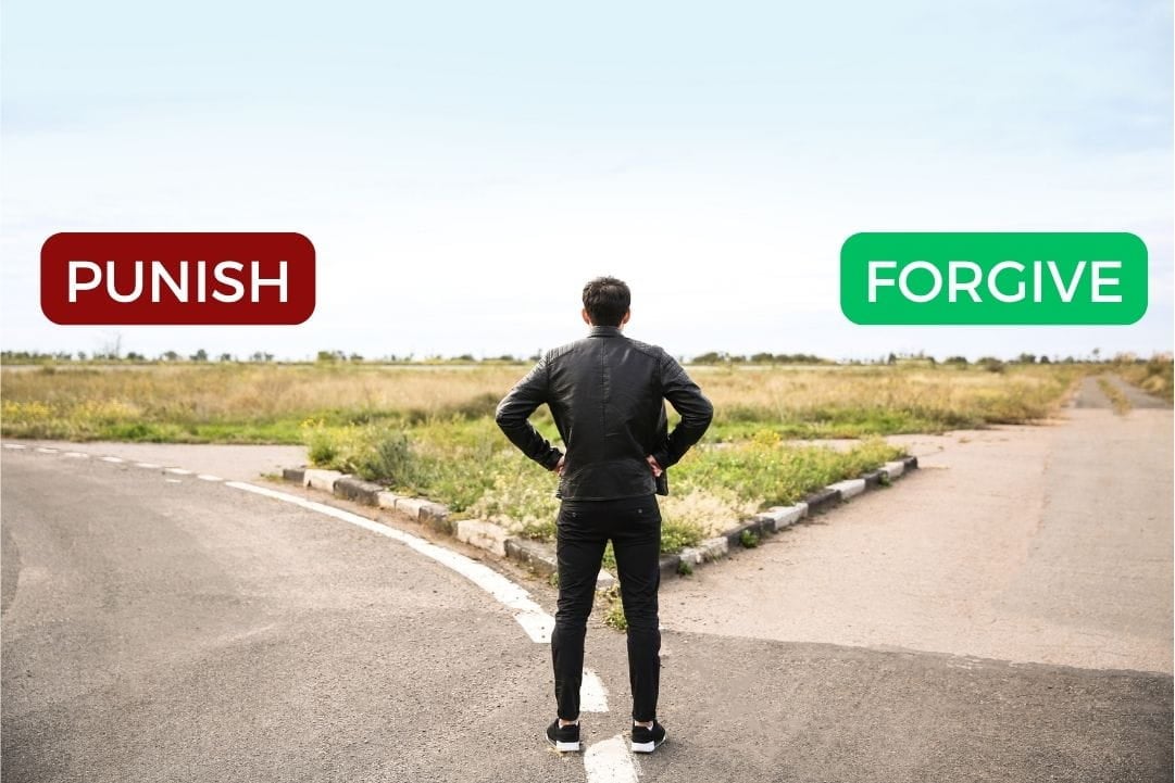 Man on crossroads with one path saying "Punish" while the other path says "Forgive"