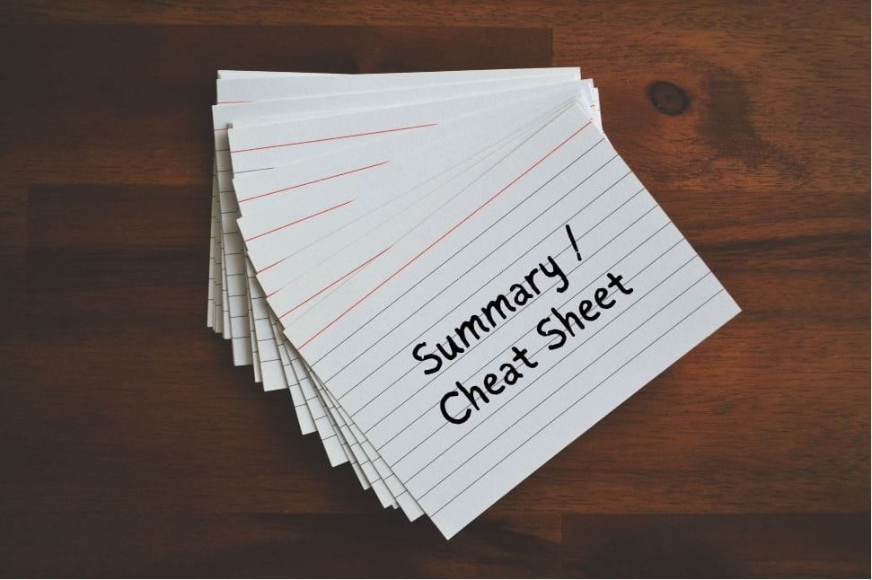 index cards labeled as "summary cheat sheet"