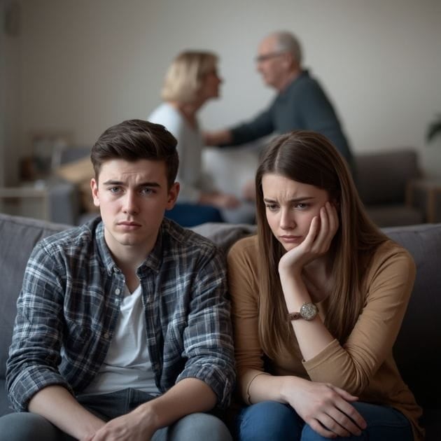 Worried, grieving adult child of divorce. AI image of adult children sitting on a sofa while their parents argue behind them