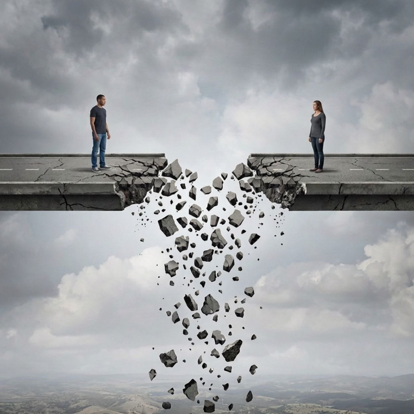 a crumbling marriage A man and woman standing on opposite sides of a concrete bridge crumbling in the middle
