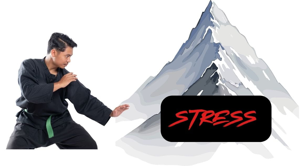 a man in a fighting stance facing a mountain of stress