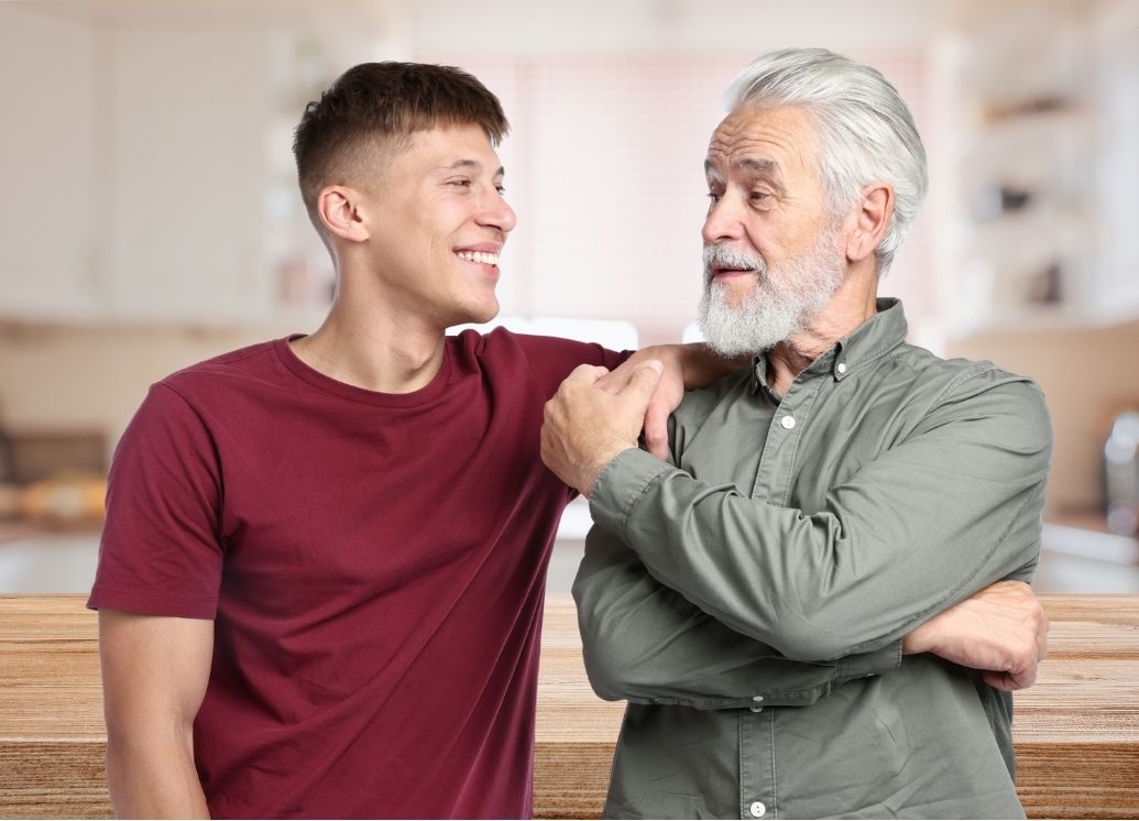 young adult with senior parent young adult with senior parent at home