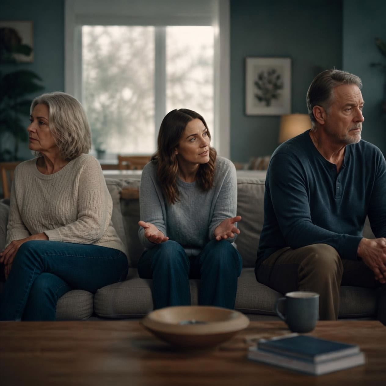 AI generated image of an older divorcing couple with their adult child sitting between them trying to talk. Adult children of divorce.