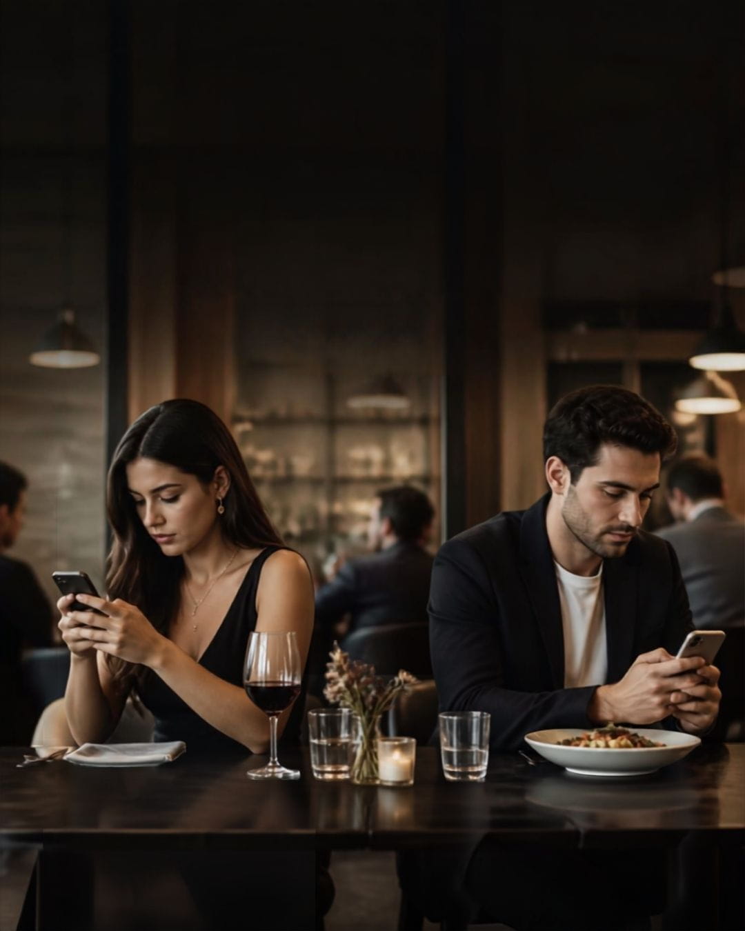 AI image of handsome couple having dinner but watching their phones. Avoidant couple.