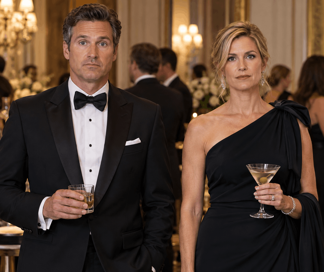 AI image of elegant couple at a cocktail party having an awkward date.