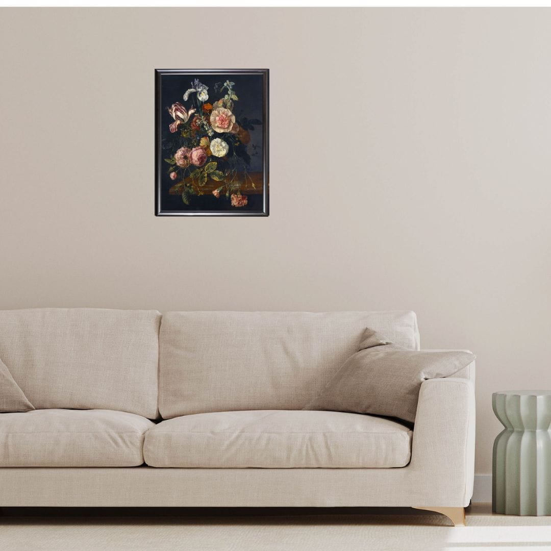 Modern Living room with a picture of flowers on the wall