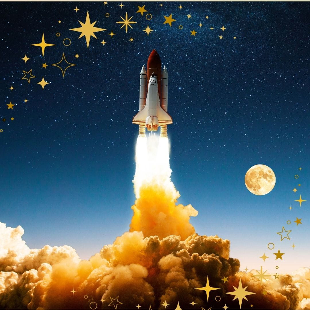 Fanciful rocket ship blasting off.