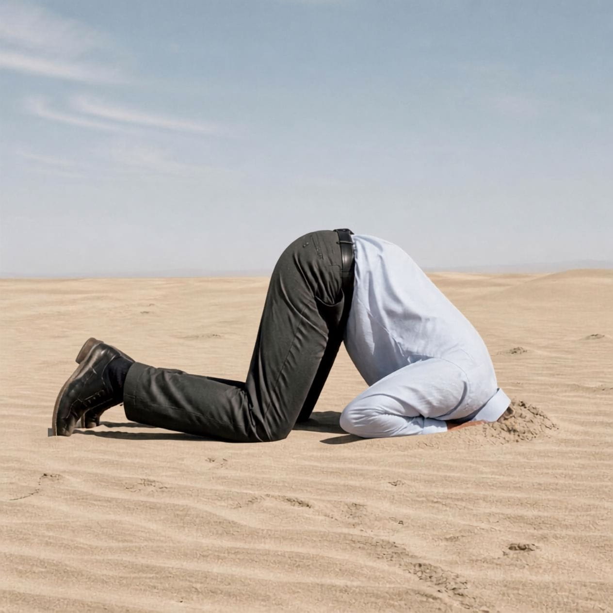 AI generated image of a businessman burying his head in the sand.