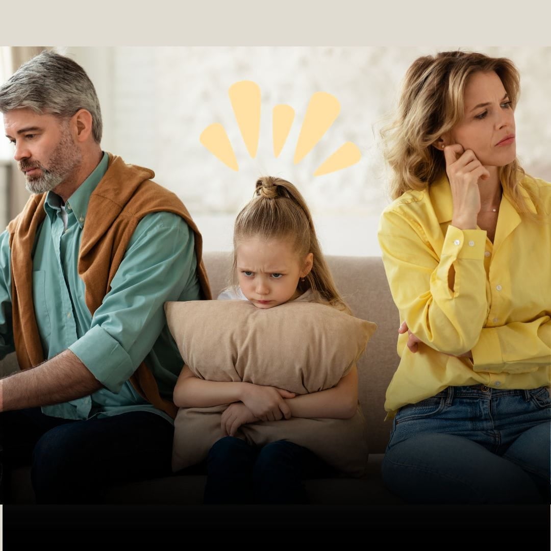 Parenting Marriage Upset child stuck on a coach between two upset parents. Parenting Marriage.