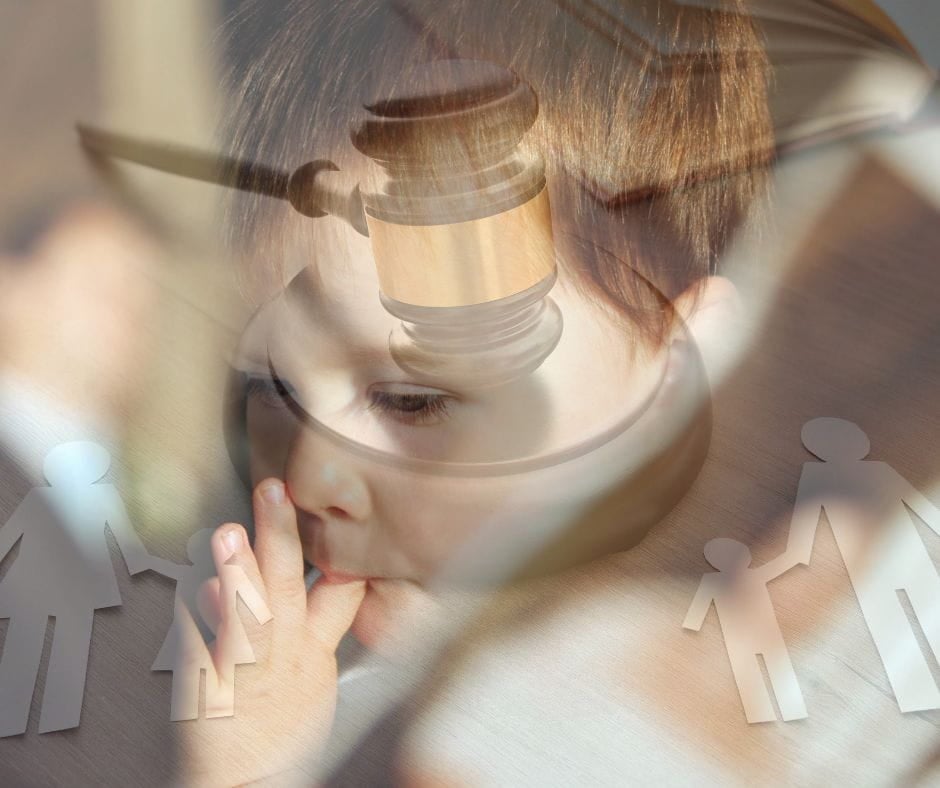 Child sucking his finger with a court gavel and broken family superimposed over him.