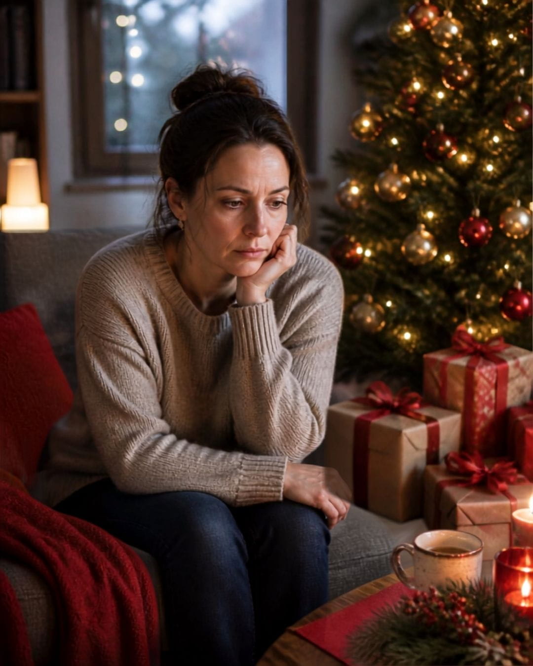 AI image of an unhappy woman sitting alone by a Christmas tree.