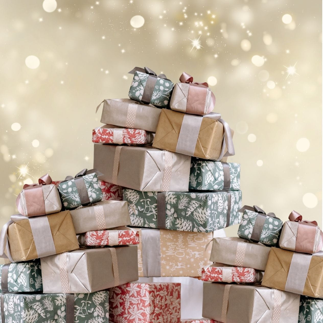 Giant oversized pile of Christmas presents.