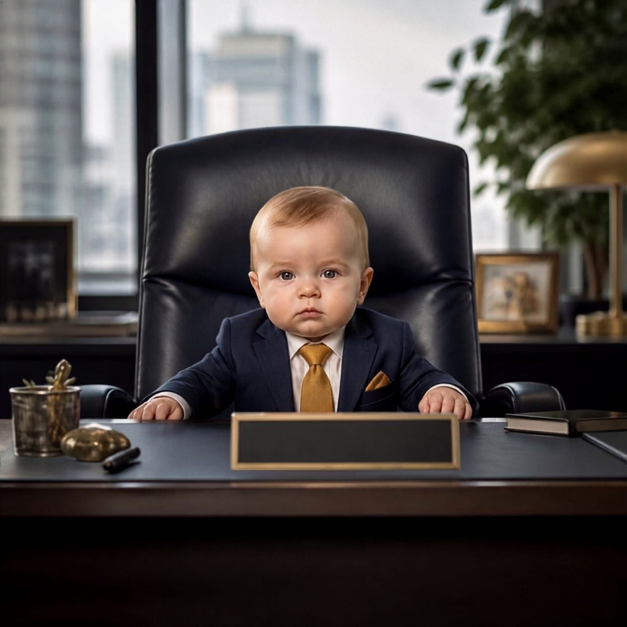 Co Parent Like a Boss AI generated image of a baby in a suit and tie at a boss's desk