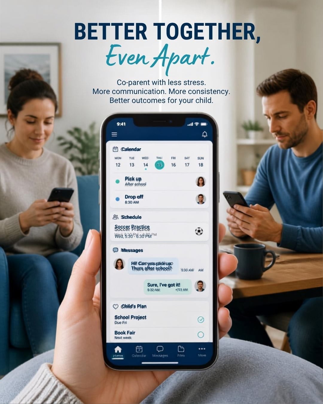 Co-Parenting Apps Picture of a Cell phone with co-parenting apps on it and a mother and father using it in different homes.