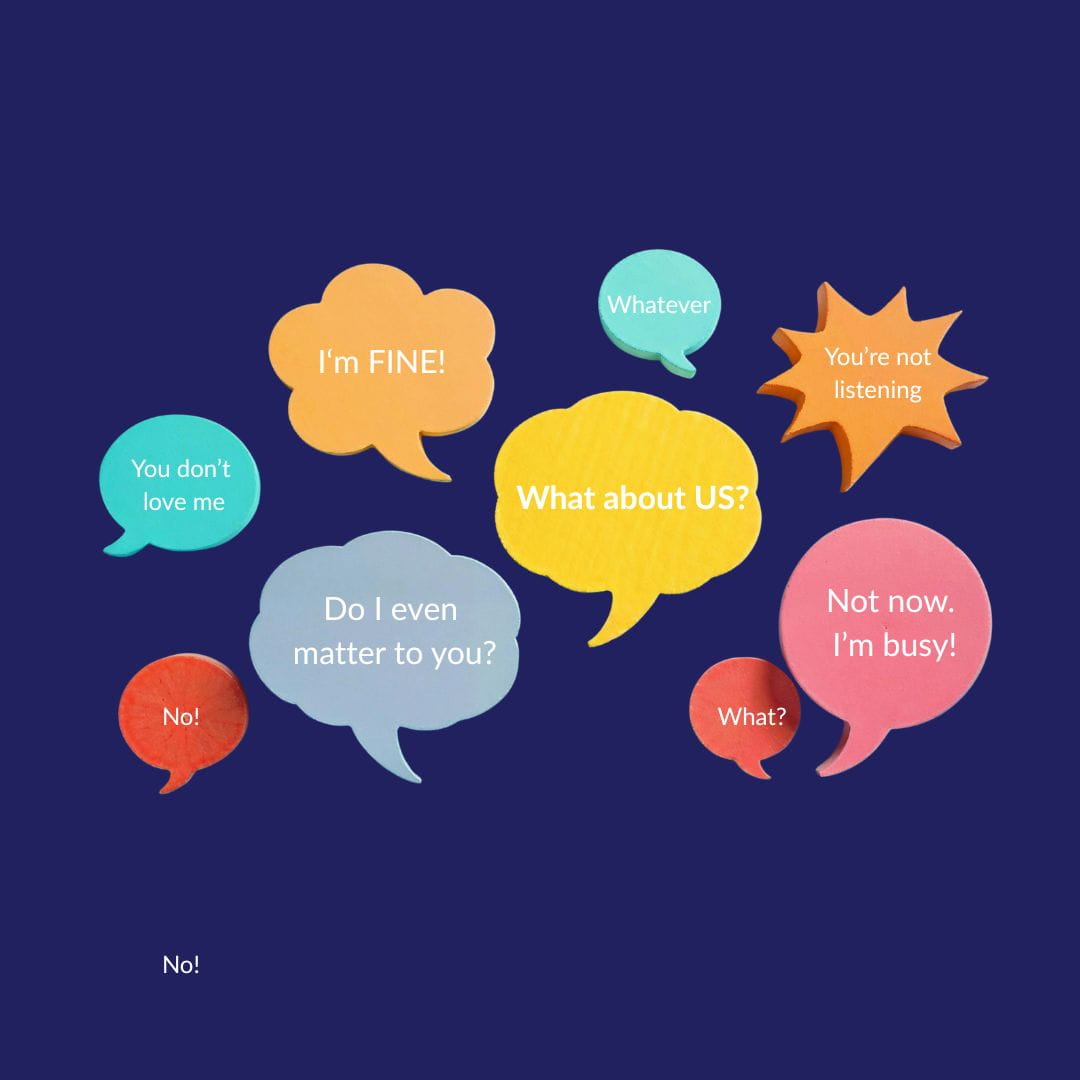 Communication in marriage Thought bubbles on a blue background with things married couples say to each other, e.e. "I'm Fine!" Signified communication in marriage.